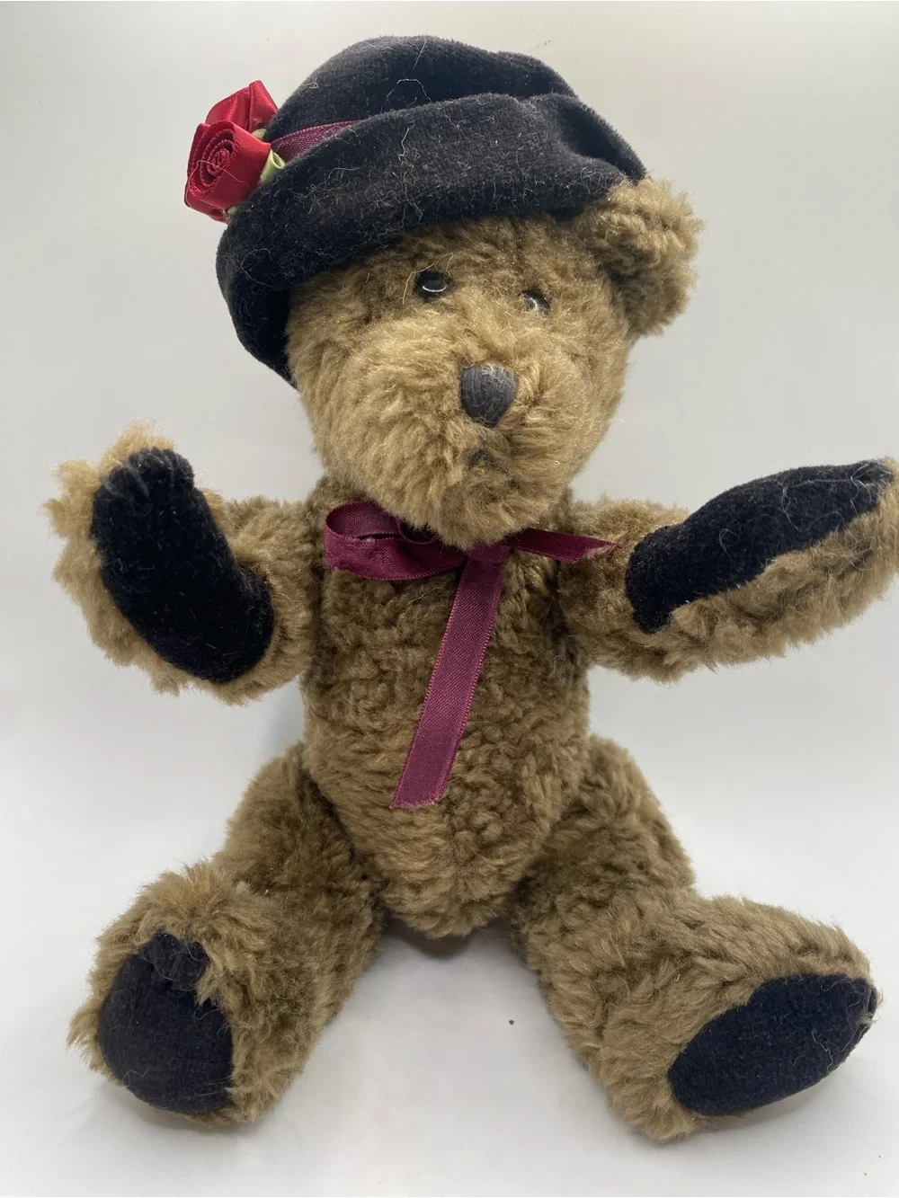 Boyds Bears Brown Plush Teddy with Black Accents and Burgundy Bow